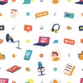 Seamless Pattern Featuring Various Podcast-related Items Such As Microphones, Headphones, And Sound Waves