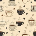 Seamless pattern featuring various stylized coffee cups on a beige background Royalty Free Stock Photo