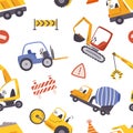 Seamless Pattern Featuring Vibrant Construction Cars, Bulldozers, Cranes, And Trucks Busy At Work. Tile Design