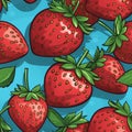 Cartoon Realism: Colorful Strawberry Pattern On Blue Background