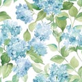 Seamless pattern featuring watercolor hydrangea blooms in shades of chambray blue and capri, intertwined with fresh