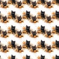 Seamless Watercolor Black Cat on Splash Pumpkin Wreath Pattern Royalty Free Stock Photo