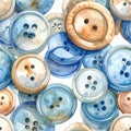 Watercolor Buttons Seamless Pattern - Blue and Brown Sewing Accessories Royalty Free Stock Photo