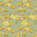 Seamless pattern featuring whimsical school buses, roads, maps, location pins,