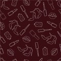 Seamless pattern of female accessories. Lipstick, women high heels, lips, nail polish. Burgundy background. Vector.