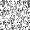 Seamless pattern of female doodle hand drawn portraits. Black an