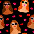 Seamless pattern of Female faces of diverse color and ethnicity with pout lips and sunglasses