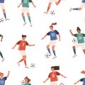 Seamless pattern with female football players on white background. Endless repeatable backdrop with women in sports