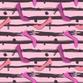 Seamless pattern with female high heel shoes on striped and dotted background