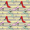 Seamless pattern with female high heel shoes on striped and dotted background