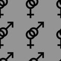 Seamless pattern of female and male romantic collection. Female and male black signs. Pattern on gray background. Vector illustrat