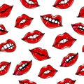 Seamless pattern with female mouth with red lips. Womens lips on a white background. Vector illustration of lips. Royalty Free Stock Photo