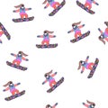 Seamless pattern with female snowboarders in vector. Hand drawn texture with riding and jumping sportswomen. llustration Royalty Free Stock Photo