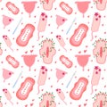 Seamless pattern with of feminine hygiene products. Menstruation days. Sanitary pads, tampons, menstrual cup. Vector illustration