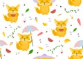 Seamless pattern with fennec animal. Vector illustration with animal fennec fox, watermelon, umbrella, bananas, cocktail, ice