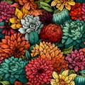 Seamless pattern of festive blue, orange and red flowers