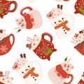 Seamless Pattern Of Festive Christmas Drinks Like Cocoa, Creamy Coffee, And Chocolate, Adorned With Candy Canes