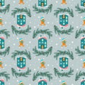 Seamless pattern with festive Christmas houses, gingerbread men, tree branches and snowflakes on blue background Royalty Free Stock Photo