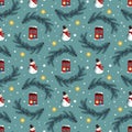 Seamless pattern with festive Christmas houses, snowman Royalty Free Stock Photo