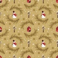 Seamless pattern with festive Christmas houses, snowman, trees in snow and stars Royalty Free Stock Photo