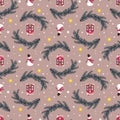 Seamless pattern with festive Christmas houses, snowman, trees in snow and stars Royalty Free Stock Photo