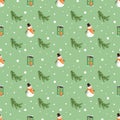 Seamless pattern with festive Christmas houses, tree branches, snowman and snowflakes Royalty Free Stock Photo