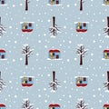 Seamless pattern with festive Christmas houses, trees in snow Royalty Free Stock Photo