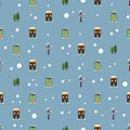 Seamless pattern with festive Christmas houses, trees in snow and snowflakes on blue background Royalty Free Stock Photo