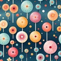 Seamless pattern with festive colorful lollipops on stick on a blue background