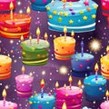 seamless pattern with festive multicolored cakes and cupcakes with cream and candles