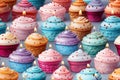 seamless pattern with festive multicolored cakes and cupcakes with cream and candles