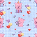 Seamless pattern with festive pigs. Smiling birthday piggy in gift box with balloons and bouquet flowers on blue Royalty Free Stock Photo