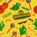 Seamless pattern Fiesta party with mexican guitar, maracas, sombrero, mustache and cactuses. Royalty Free Stock Photo