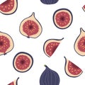 Seamless pattern with figs. Whole fig with half. Summer background. Wallpaper, print, packaging, paper, textile design. flat Royalty Free Stock Photo