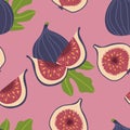 Seamless pattern with figs. Whole fig with half. Summer background. Wallpaper, print, packaging, paper, textile design. flat Royalty Free Stock Photo