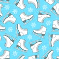 Seamless pattern of figure skates and snowflakes on a white back