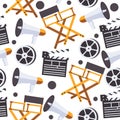 Seamless pattern with film making design. Directors chair, clapper, bobbin on white background.