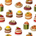 Seamless pattern with finger food. Sketch style repeated background. Bruschetta, sandwich, canapes and tapas. Vector