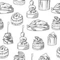 Seamless pattern with finger food. Sketch style repeated background. Bruschetta, sandwich, canapes and tapas. Vector