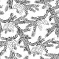 Seamless pattern of fir in black and white backgrounds. Christmas illustration of spruce branches and cones.