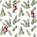 Seamless pattern with fir tree branches and Christmas balls Royalty Free Stock Photo