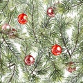 Seamless pattern with fir tree branches and Christmas balls Royalty Free Stock Photo