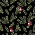 Seamless pattern with fir tree branches and Christmas balls Royalty Free Stock Photo