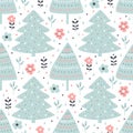 Seamless pattern with fir tree and flowers in cartoon style. Vector illustration.