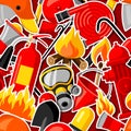 Seamless pattern with firefighting stickers. Fire protection equipment