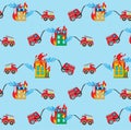 Seamless pattern with firetrucks and buildings.