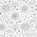 Seamless pattern with fireworks and petards.