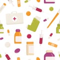 Seamless pattern with first aid kit, inhaler, pills, drugs, medications, syringe and other medical tools on white