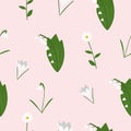 Seamless pattern of the first spring flowers. Lily of the valley, snowdrop, crocus and chamomile flowers hand drawn in flat style Royalty Free Stock Photo