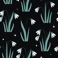 Seamless pattern with the first spring flowers. Vector illustration with graphic snowdrops Royalty Free Stock Photo